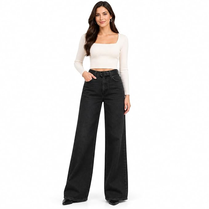 Women's High Waist Wide Leg Jeans | Sky Denim Baggy Loose Fit Full Length Jeans for Women & Girls | Casual Everyday Wear