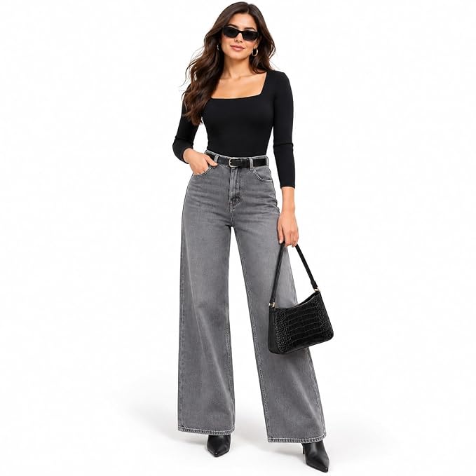 Women’s High Waist Wide Leg Jeans | Sky Denim Baggy Loose Fit Full Length Jeans for Women & Girls | Casual Everyday Wear