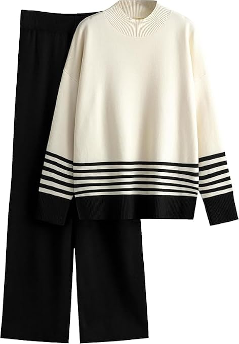 Kvetoo Women Winter Coord Set Wool Blend Tracksuit High Neck Sweater and Wide Leg Pants Warm Knitwear Pyjama Set for Casual Office Travel Wear