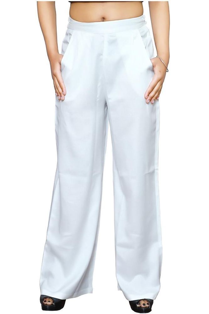 Omikka Plain Crepe Palazzo Pant for Women (Large, White)