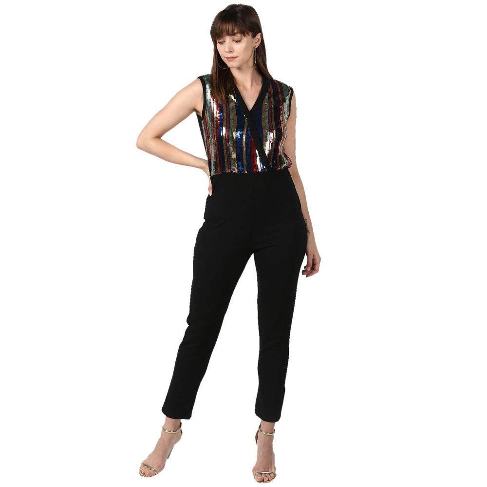 StyleStone Women's Black and Multi-Coloured Sequin Jumpsuit (3698SeqStripeJSL)