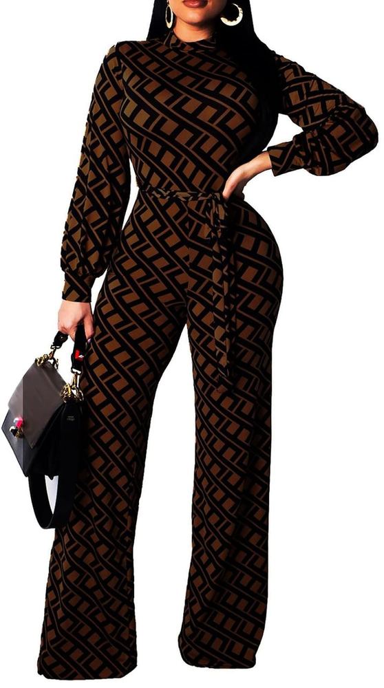 Jumpsuit for Women Sexy Elegant Long Straight Pants Cocktail Printing Jumpsuits Party Club with Zipper, Brown, X-Large