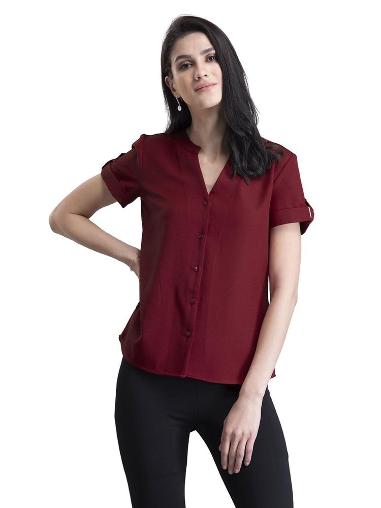 FableStreet Women Formal Top | Asymmetrical Button Placket Band Collar Three-Quarter Sleeves | Pure Cotton Smooth Fabric for Office & Workwear
