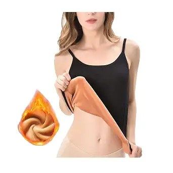 HSR Women's Thermal Underwear Tops Thicken Plus Velvet Camisole Apricot Sexy Stretchy Slim-Fit Body Shaper Vest Shirt (Free Size) (Bust Size : 66 to 90 CM) Stretchable