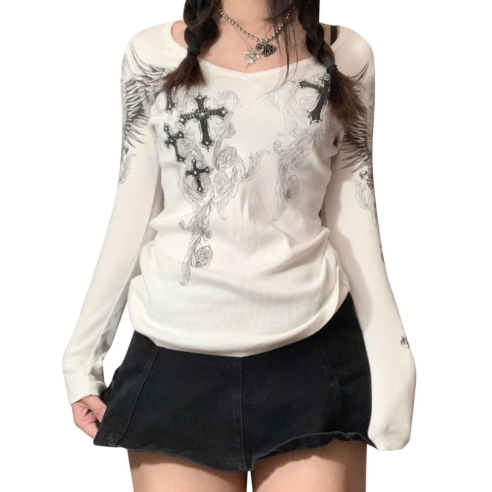 Women's Grunge Clothing Y2K Long Sleeve Tops Fairy Grunge Aesthetic Shirts Teens Girls Vintage Graphic T-Shirts Autumn