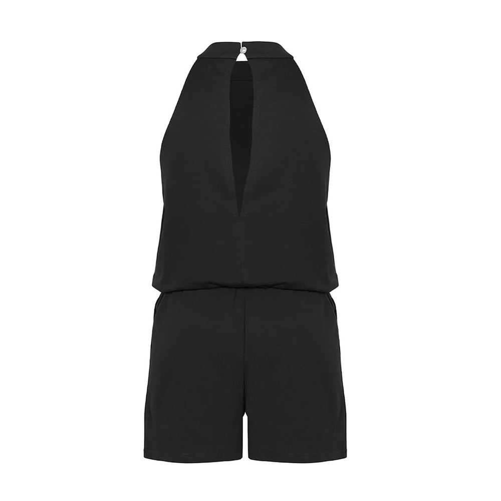 Women Summer Romper, Open Back Pure Color Women Summer Jumpsuit Polyester Halter Neck Button Closure for Party (M) Black