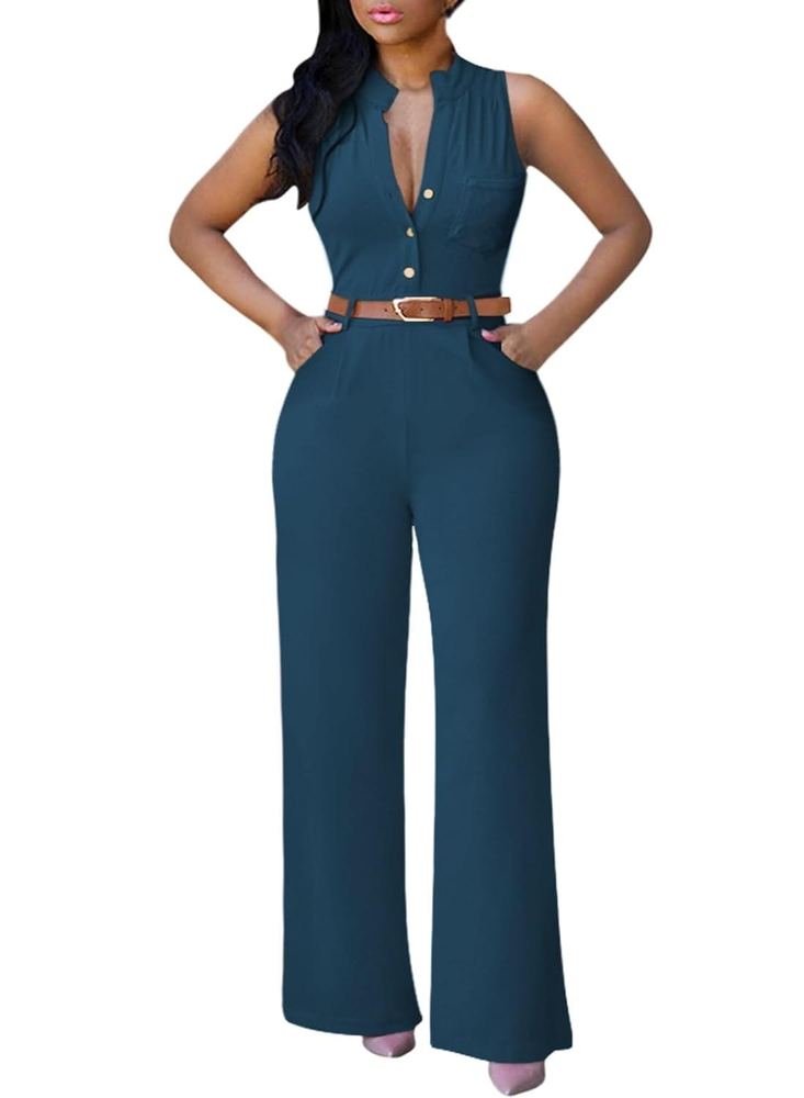 Pink Queen Women's Button Up Printed Long Wide Leg Pant Party Jumpsuits with Belt