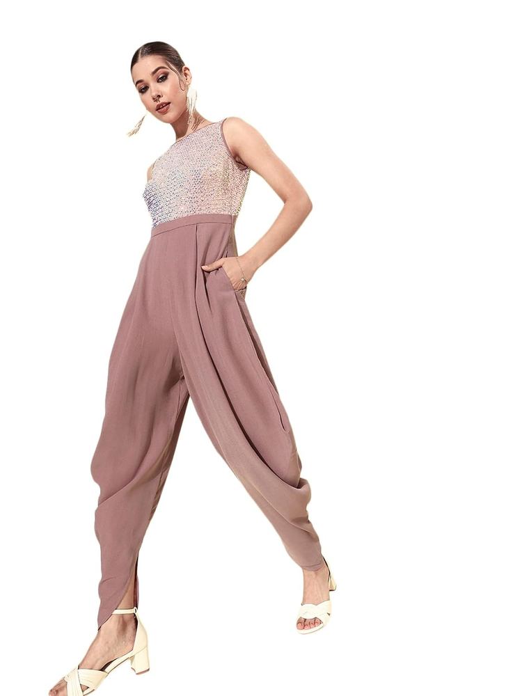 Miss Chase Women's Dusty Lavender Round Neck Sleeveless Embellished Regular Jumpsuit