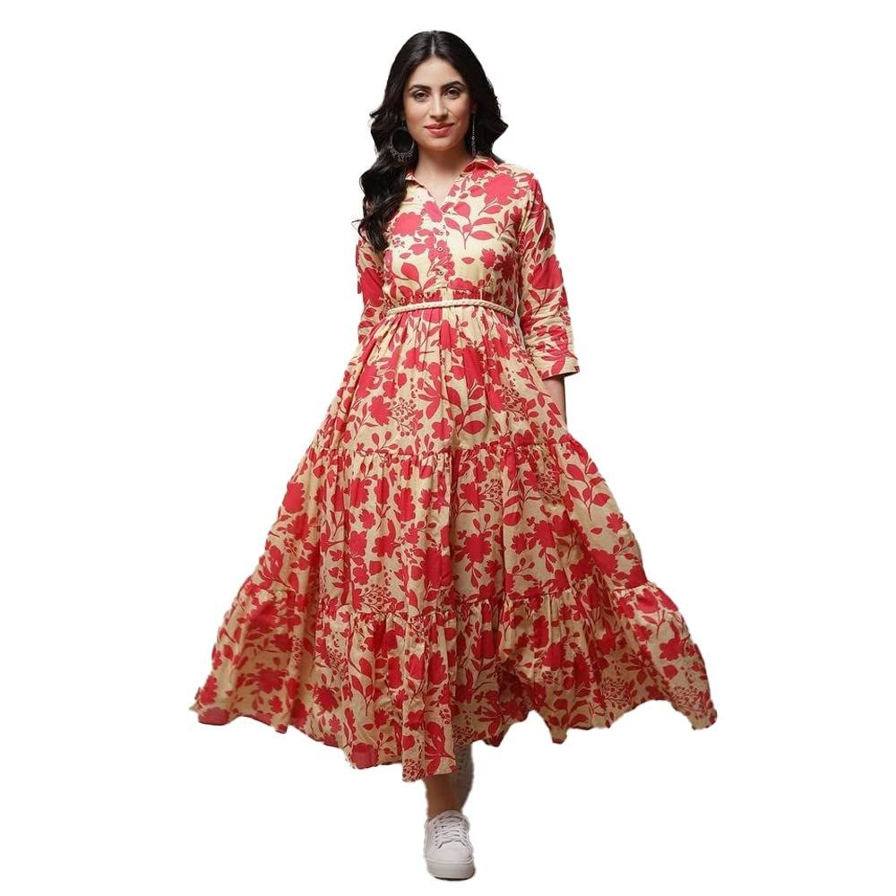 BIBA Women Casual Dress Maxi Cotton Tiered Printed Dress