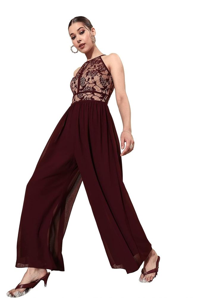 Miss Chase Women's Wine & Beige Halter Neck Sleeveless Self Design Lace Overlaid Regular Jumpsuit