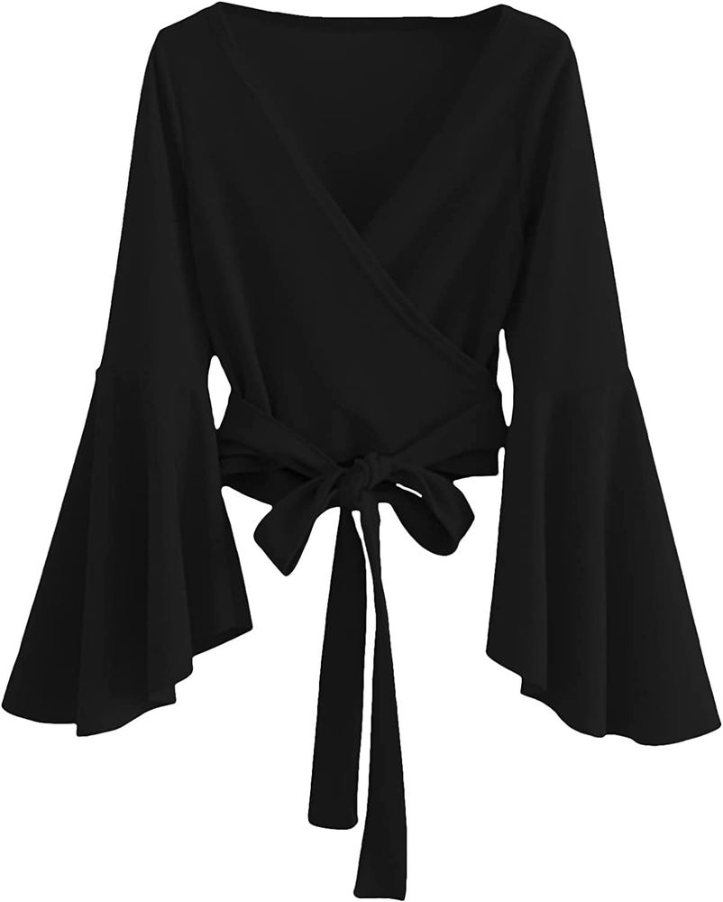TASHVIKA'S Women's Long Sleeve V Neck Tie Knot Wrap Blouse Top