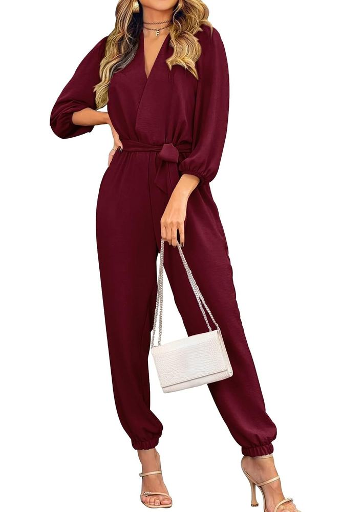PRETTYGARDEN Women Jumpsuits Autumn Elegant Casual Pants Rompers Spring Long Sleeve V Neck Belt Pockets One Piece Outfit