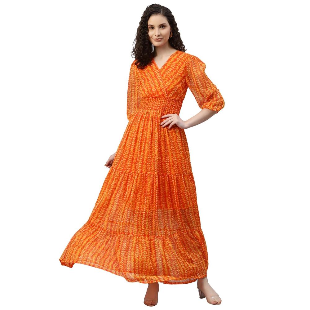 DEEBACO Women's Solid Georgette Maxi Tiered Dress Fit & Flared V Neck Full Sleeve Ankel Length Summer Wear One Piece Girls Dress Western Party Casual Wear Outfits for Ladies (White)