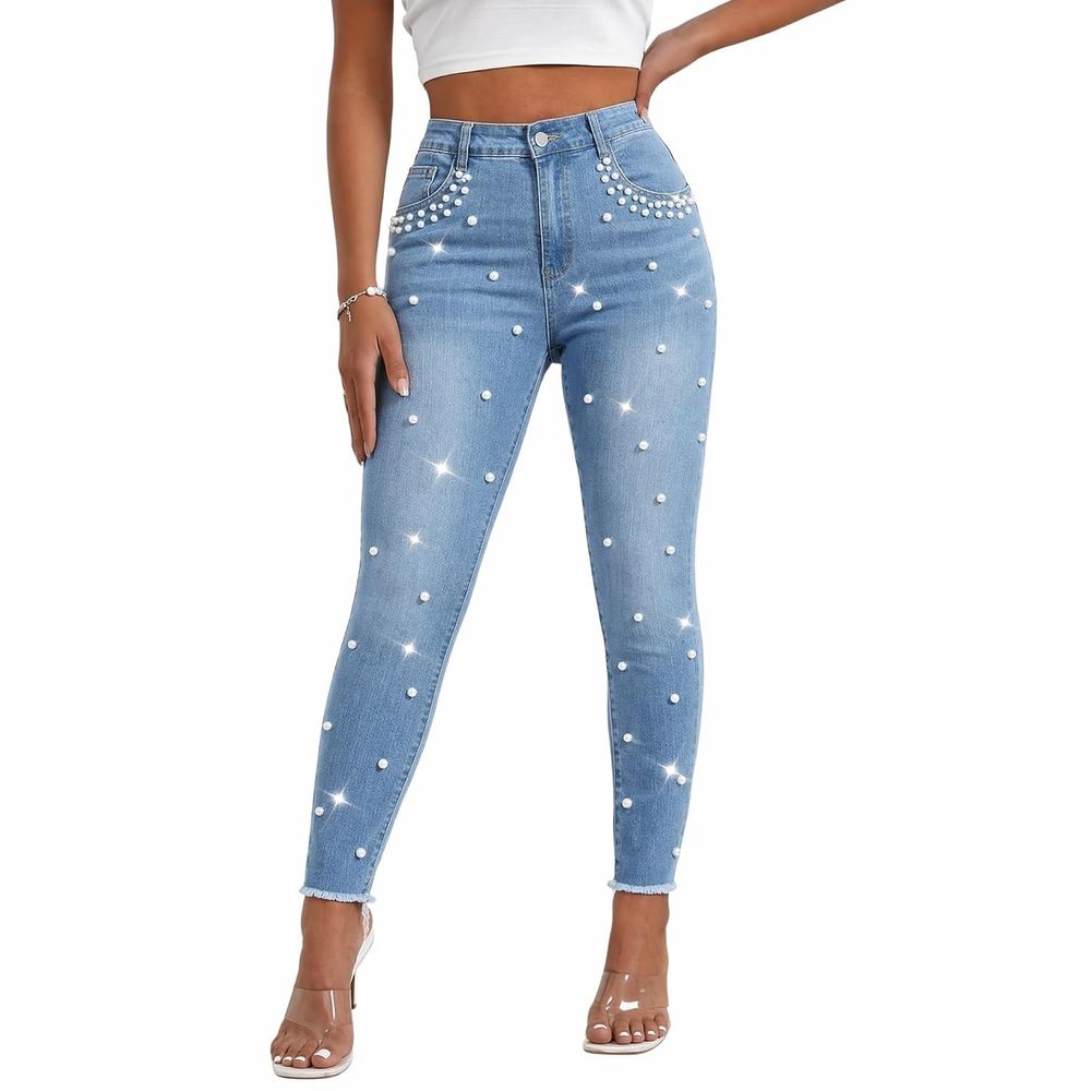 Cyparel Women's Stretch Skinny Jeans Pearl Beaded Fringe Tassels Frayed Butt Lifting Slim Fit Denim Pants