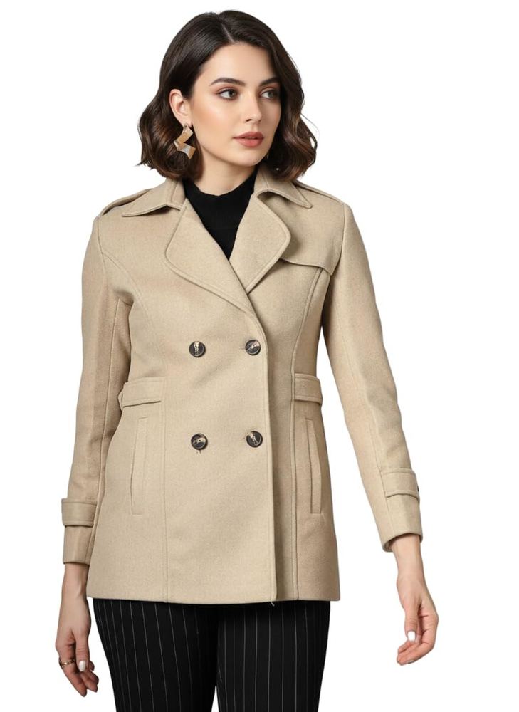 CHKOKKO Women Elegant Winter Long Coat Double Breasted | Hip Length Design with Notched Lapel Collar and Practical Front Side Pockets for Sophisticated Appeal
