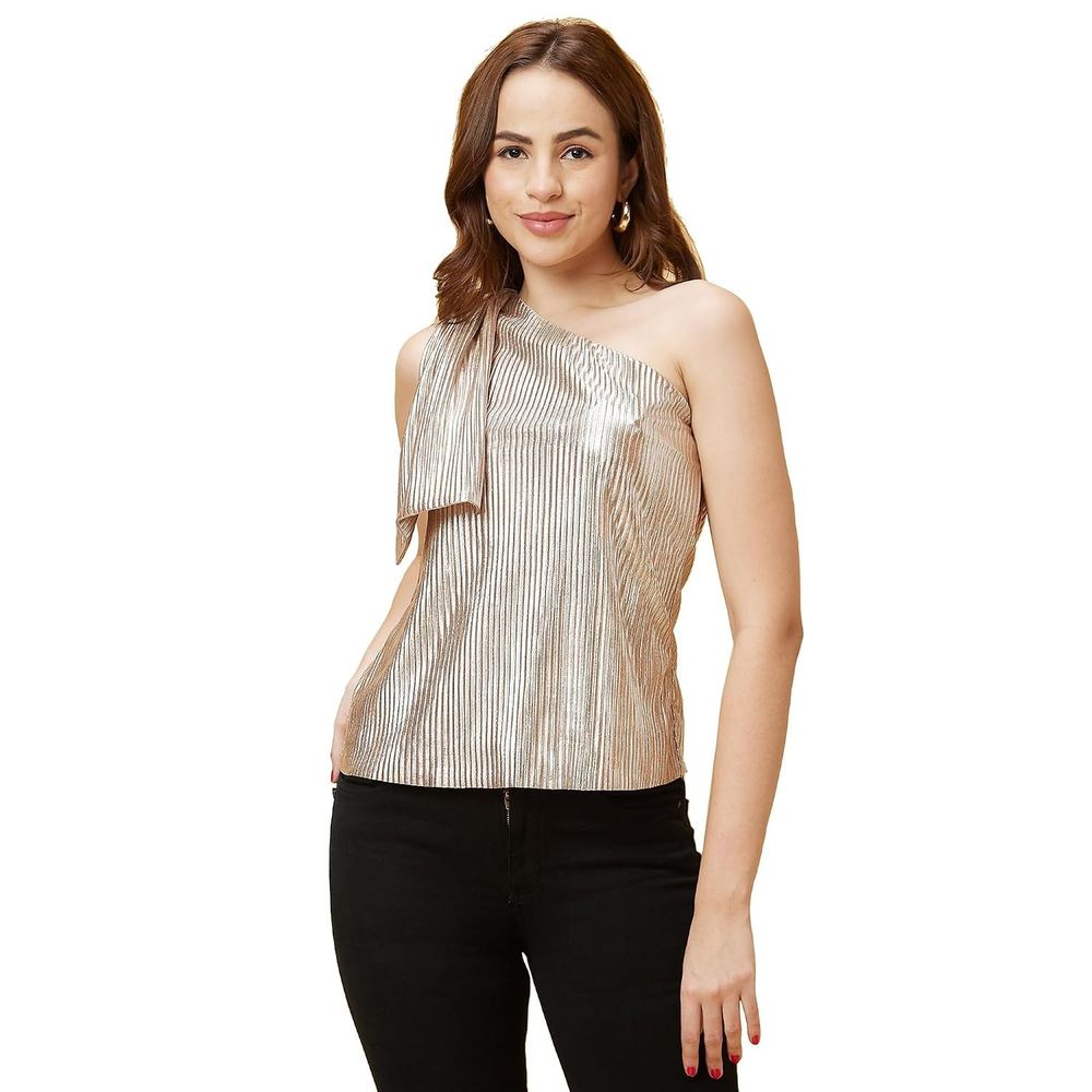 Globus Women Beige One Shoulder Accordion Pleated Party Top-3639876001