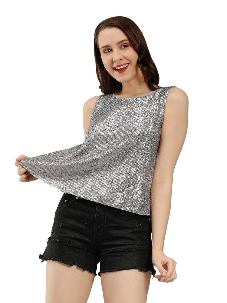 SAFFE Women's Casual Dazzling Round Neck Embellished Sleeveless All Over Sequin Vest Tank Top|Evening, Cocktail, Pub, Concert, Dance, Bachelor Party