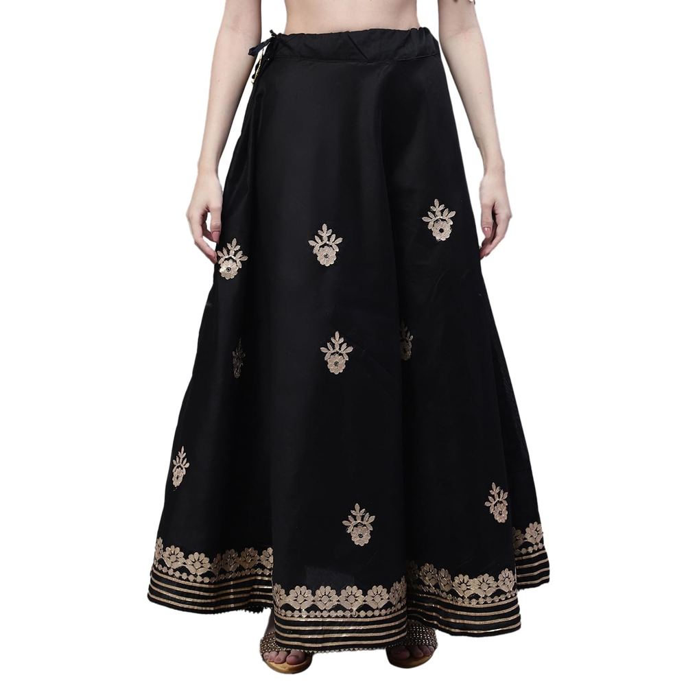 JABAMA Rajasthani Jaipuri Traditional Ethnic Women Flared Long Chanderi Silk Maxi Skirt with Dori Black