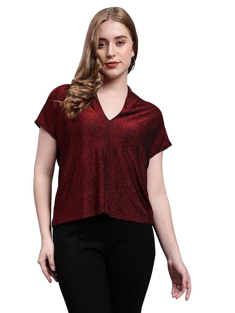 SAFFE Women's Casual/Party Shimmer Loose Fit Half Sleeve V-Neck Top, Wine