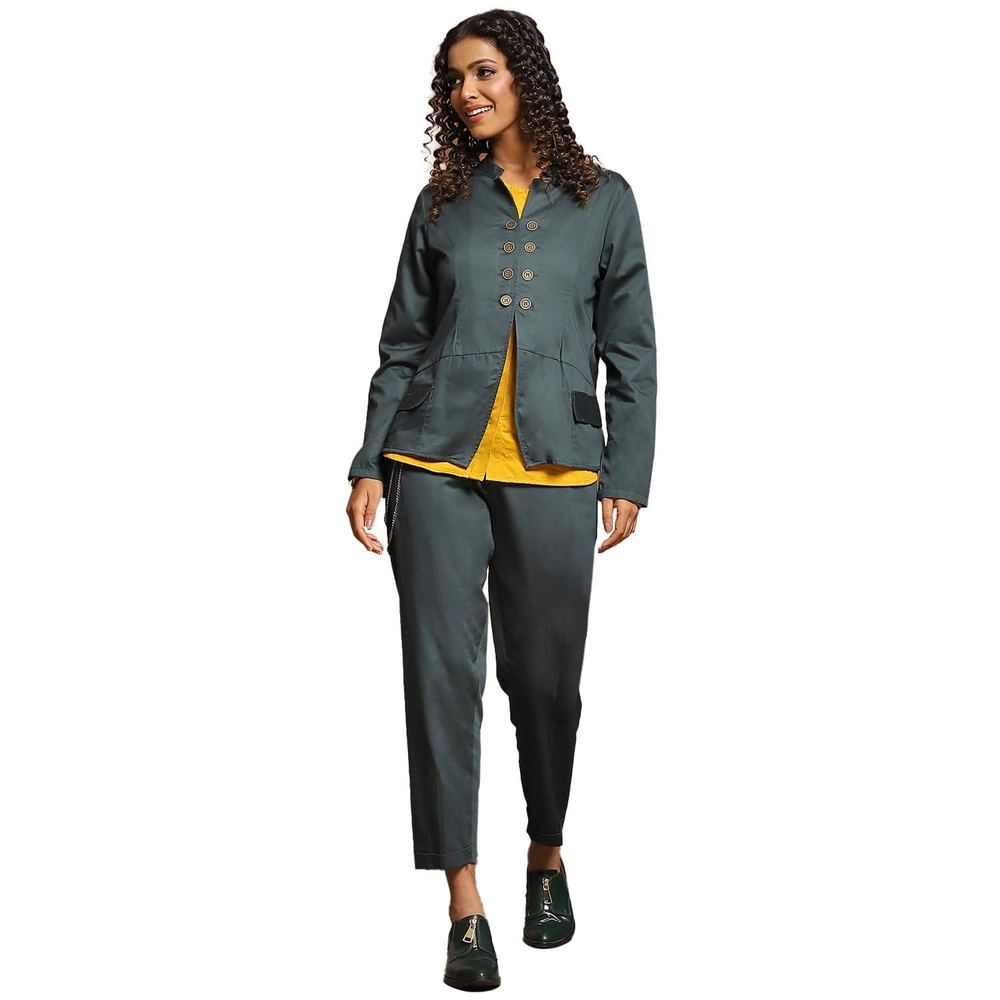 Women's Plum Color Elegant Stand Collar Jacket and Pant Cord Set in Cotton Satin Fabric