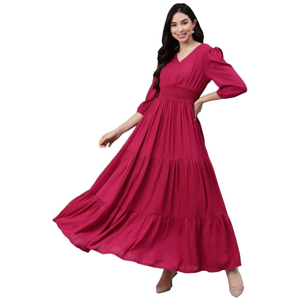 DEEBACO Women's Solid Rayon Fit and Flare Maxi Dress for Woman Festive Fancy|Casual Trending Stylish Long Plus Size One Piece Dresses Women Western (3XL,4XL,5XL,6XL) (Magenta)