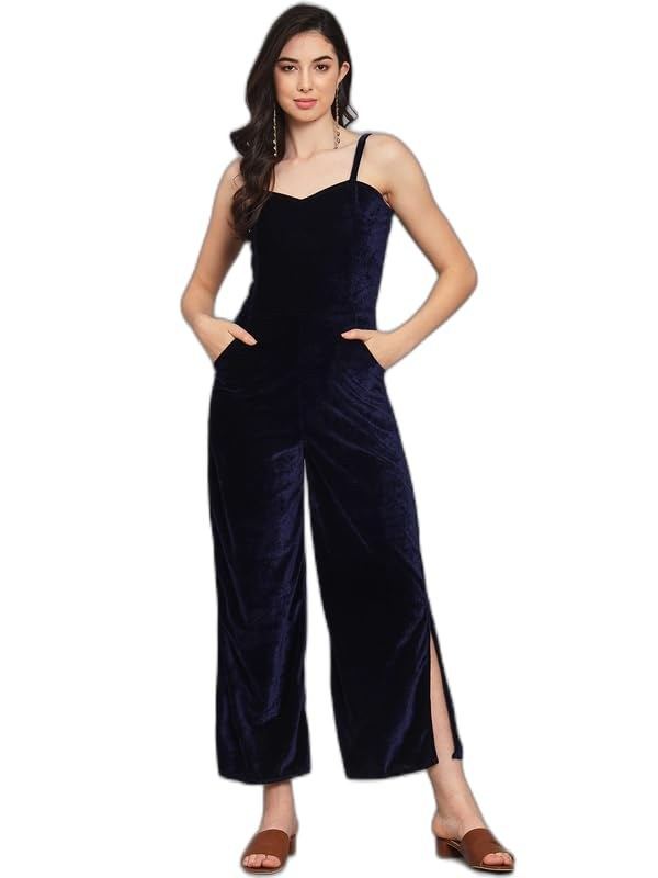 Vaararo Party Jumpsuit for Women with Side Pockets | Shoulder Strap Sleeveless Shiny Velvet One Piece Outfit