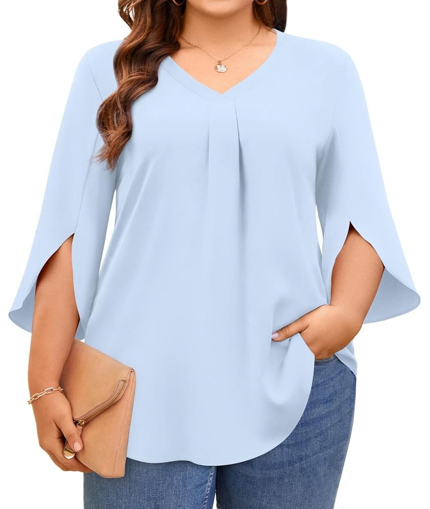 Aodemo Women Plus Size 3/4 Sleeve Elegant Chiffon Blouse Summer Work Tunic Casual Flowy Shirt Size M-5XL