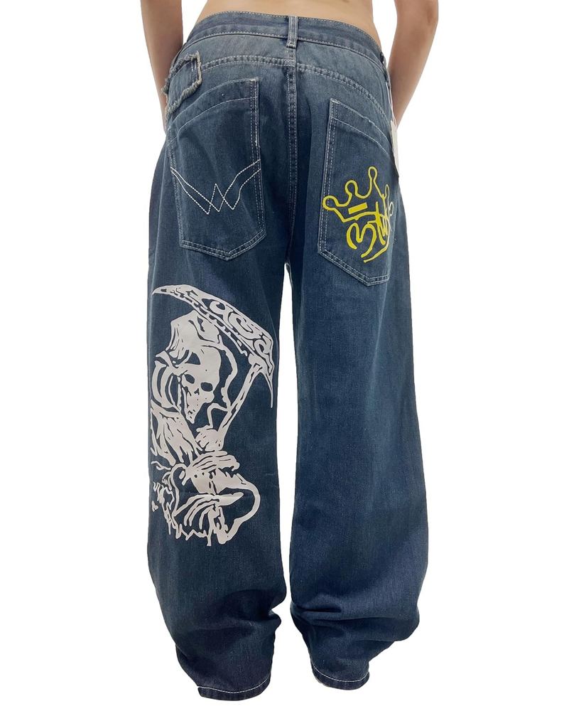 Unisex Y2K Hip Hop Street Jeans Skeleton Printed Gothic Baggy Jeans Vintage High Waist Denim Jeans Wide Leg Pants