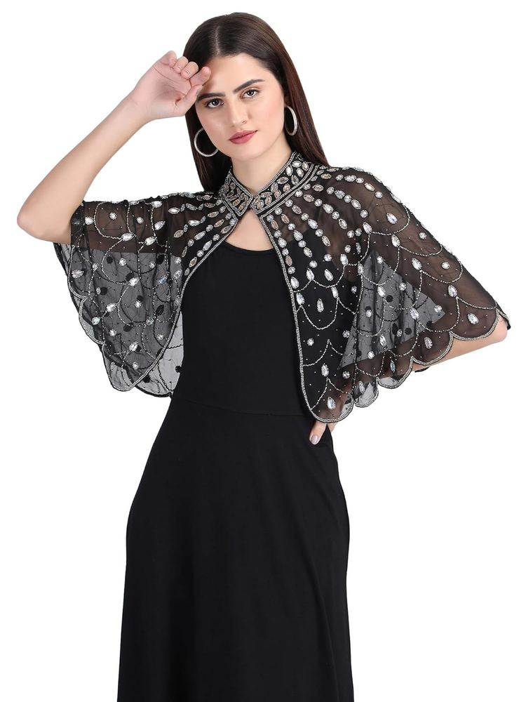 AOL Women's Hand Beaded Embroidered Georgette Ponchos/Cape/Wrap