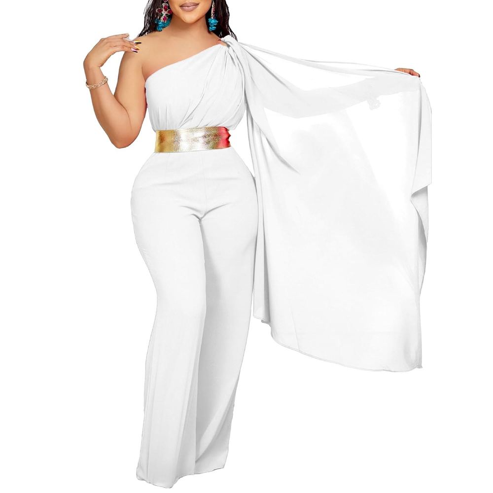 Classy Asymmetrical Neck Cloak Sleeve Wide Leg White Jumpsuit for Women Party Dress