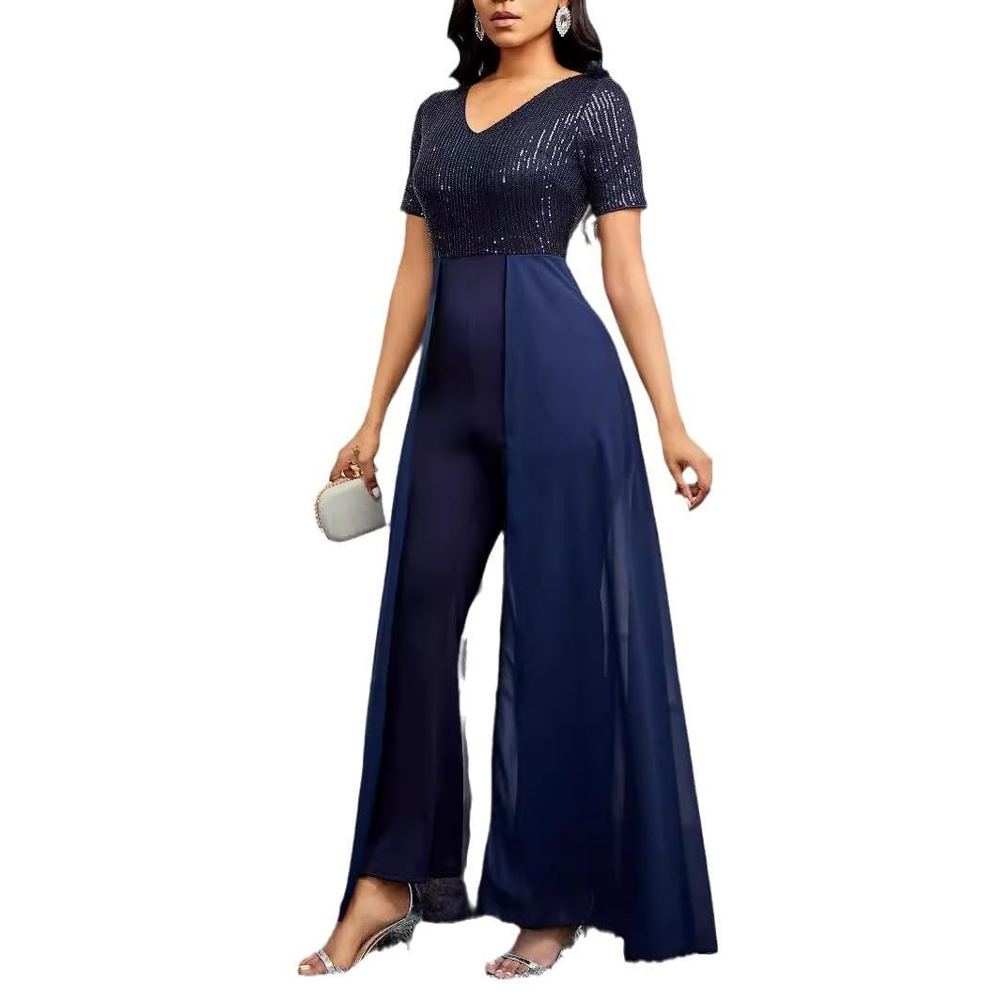 Fashionable Sequin Long V-Neck Elegant Blue Jumpsuit for Women