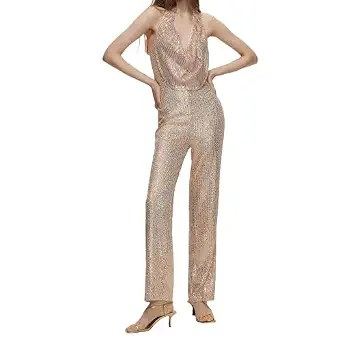 Sexy Golden Sequin Backless Glittery Dress Bridesmaid Cocktail Party Jumpsuit for Women