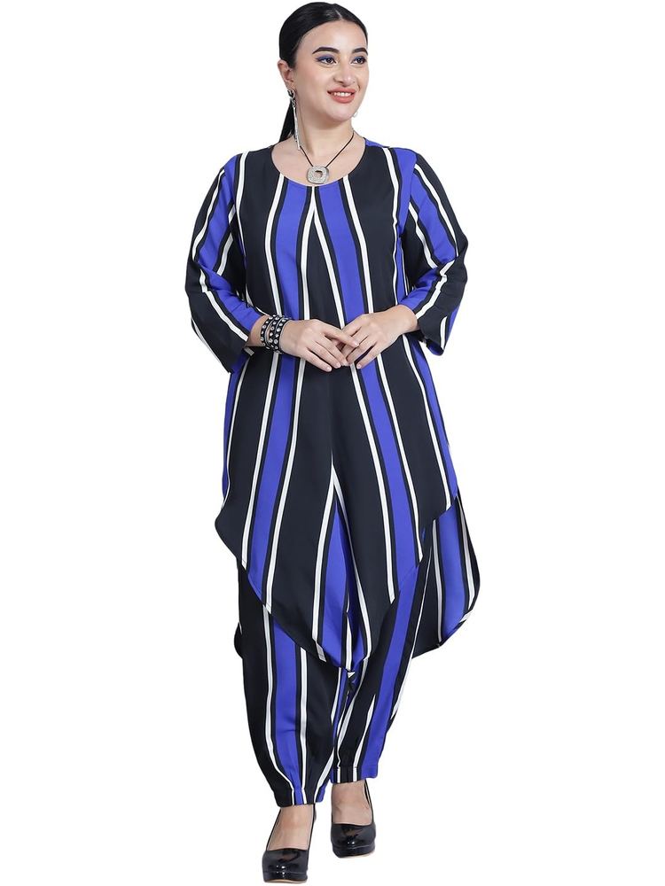 Women's Round Neck Blue Stripe Printed Kurti & Pant 2 Pcs Cord set