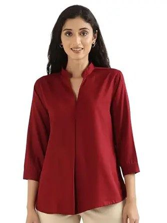 SAADAA Top for Women, Viscose Pleated Tops, V-Neck with a Collar, 3/4 Sleeve Length, Office & Casual Wear
