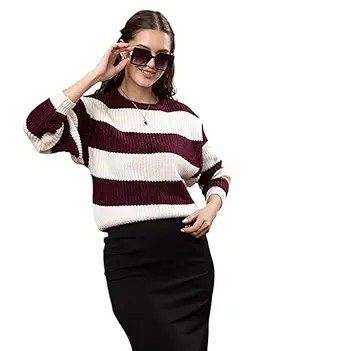 Wear lusso Women's 100% Wool Color Block Stripe Full Sleeve Round Neck Pullover Sweater | Winter Season Fashion