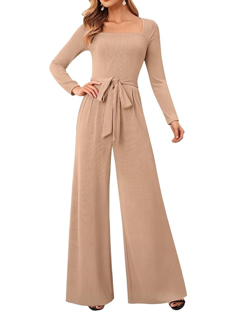 LOOKBOHO Jumpsuits For Women Dressy Long Sleeve Square Neck Casual Belted Wide Leg Long Pants Romper One Piece Outfits