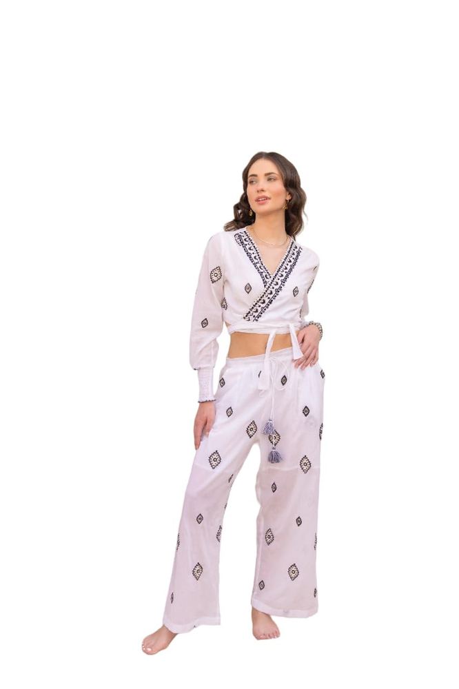 LABEL REYYA White Cord Set with Black Embroidery & Balloon Sleeves for Women