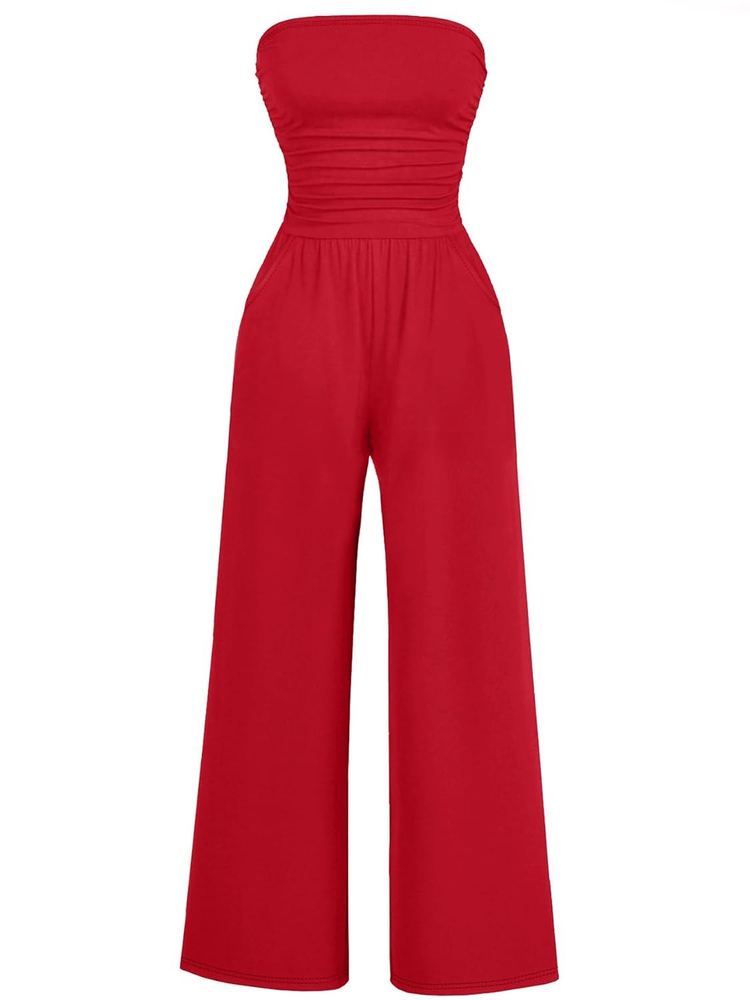 AUXDIO Women's Casual Summer Strapless Jumpsuits Off Shoulder Sleeveless Backless 2025 Wide Leg Romper with Pocket