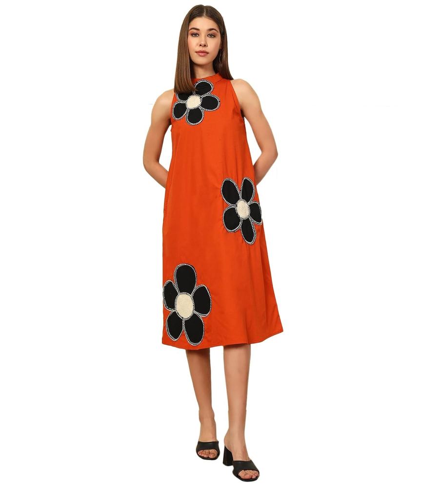 DEEBACO Women's Floral Cotton Fit and Flare Midi Dress for Woman Festive Fancy|Casual Trending Stylish Long One Piece Dresses Women Western Halter Neck Sleeveless