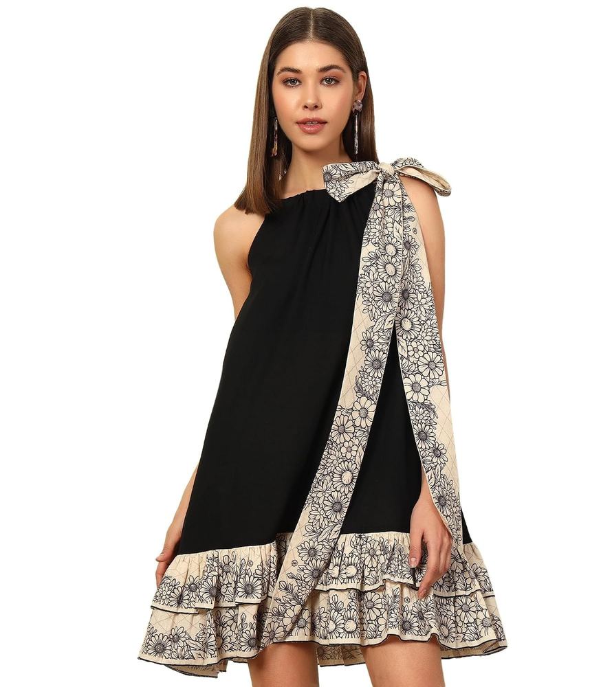 DEEBACO Women's Solid with Floral Printed Rayon & Cotton Flex Knee Length Tiered Short Dress|Sleeveless|Halter Neck|Casual Trending Fashion Long One Piece Dresses Women Western