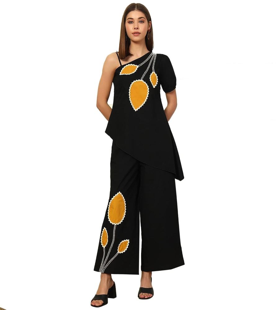 DEEBACO Women's Leaf Print Ankle Length Asymmetric Tunic with Pants|Half Sleeve|Cord Set for Women Cotton|Long Jumpsuits Western Dress for Women Stylish|Two Piece Co ord Set|Party Casual Wear(Black)