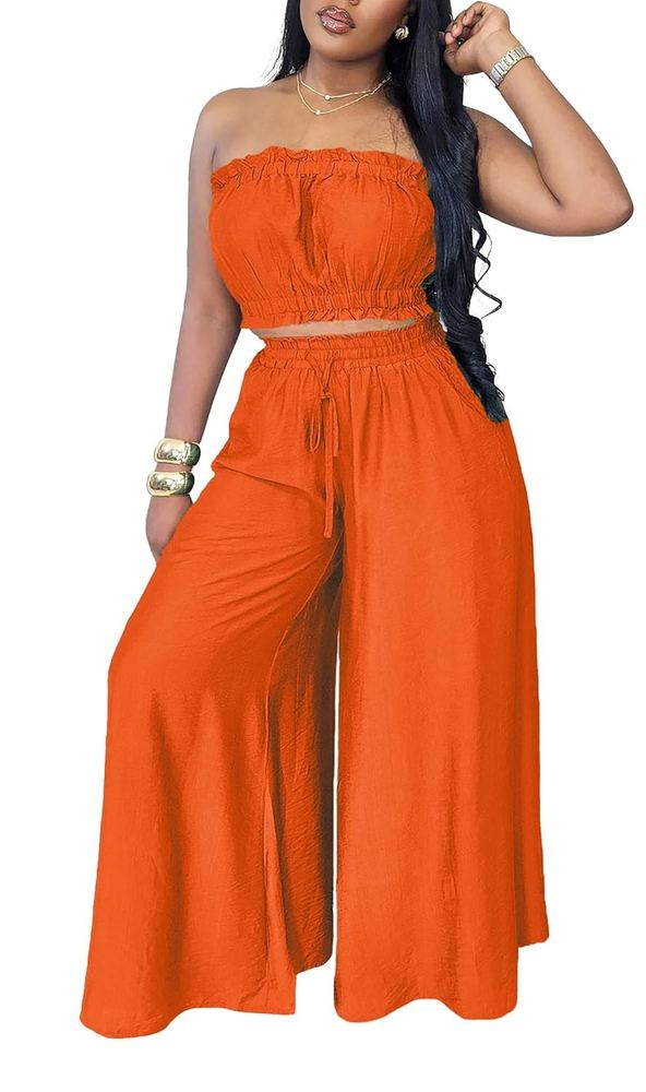 Women Two Piece Sets Summer Outfits Crop Tops and Wide Leg Pants Sexy Jumpsuits Holiday Outfits with Pockets