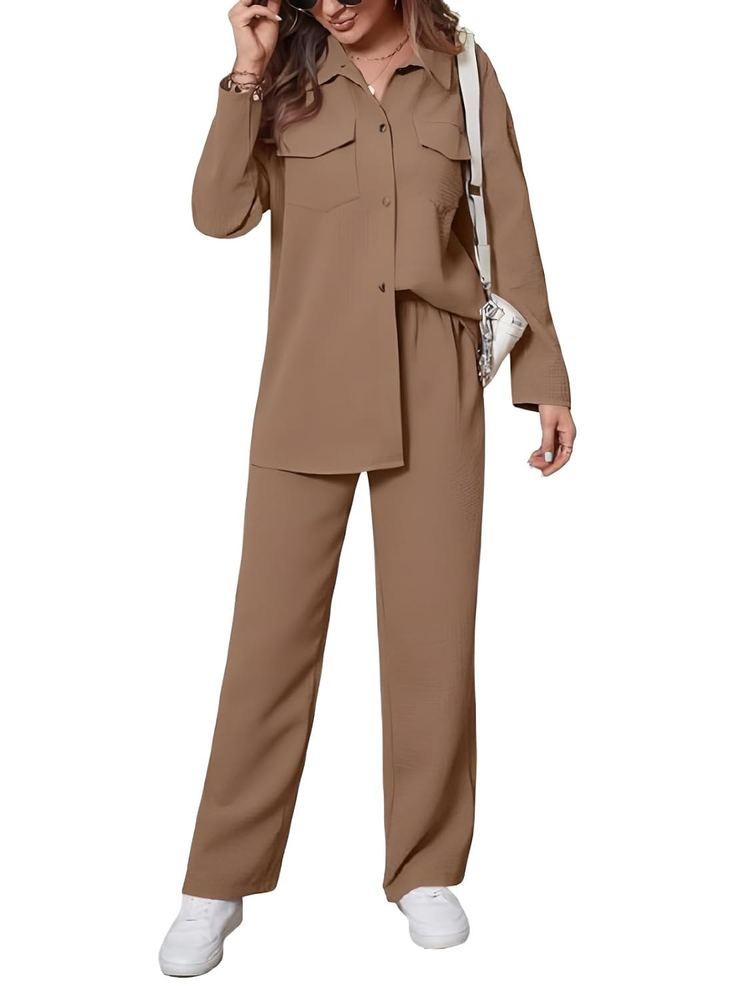 GRECIILOOKS Co-Ord Set for Women | Travel Co-Ord Set | Festive Co Ord Set for Women | Trendy Summer Casual Set | Women's Pajama Set Long Sleeve Button-Down Shirt and Pants | Western Co-Ord Set