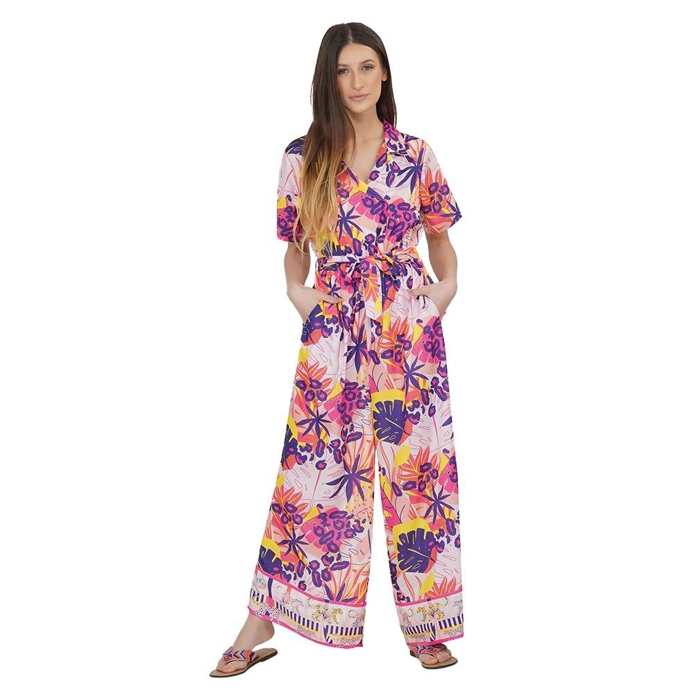 Boho Girl Leopard Forest Jumpsuit for Women, Silk Blend, Tropical & Animal Print, Lapel Collar, Fabric Waist Tie, Flattering Fit, Pockets, Day to Night Style, Chic & Comfortable