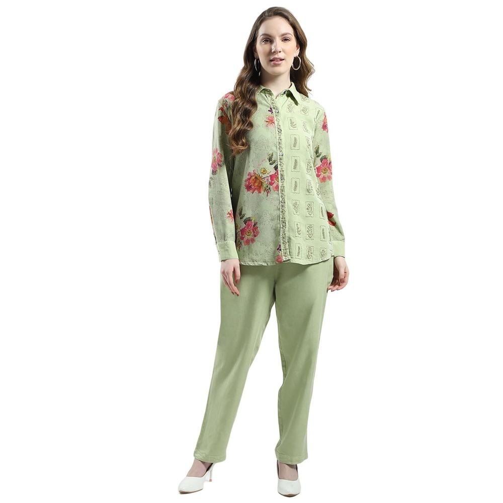 Monte Carlo Women's Floral Printed Co-ord Set | Full Sleeve Shirt & Pant Set | Front Open with Elegant Collar Neck Cord Set For Women's