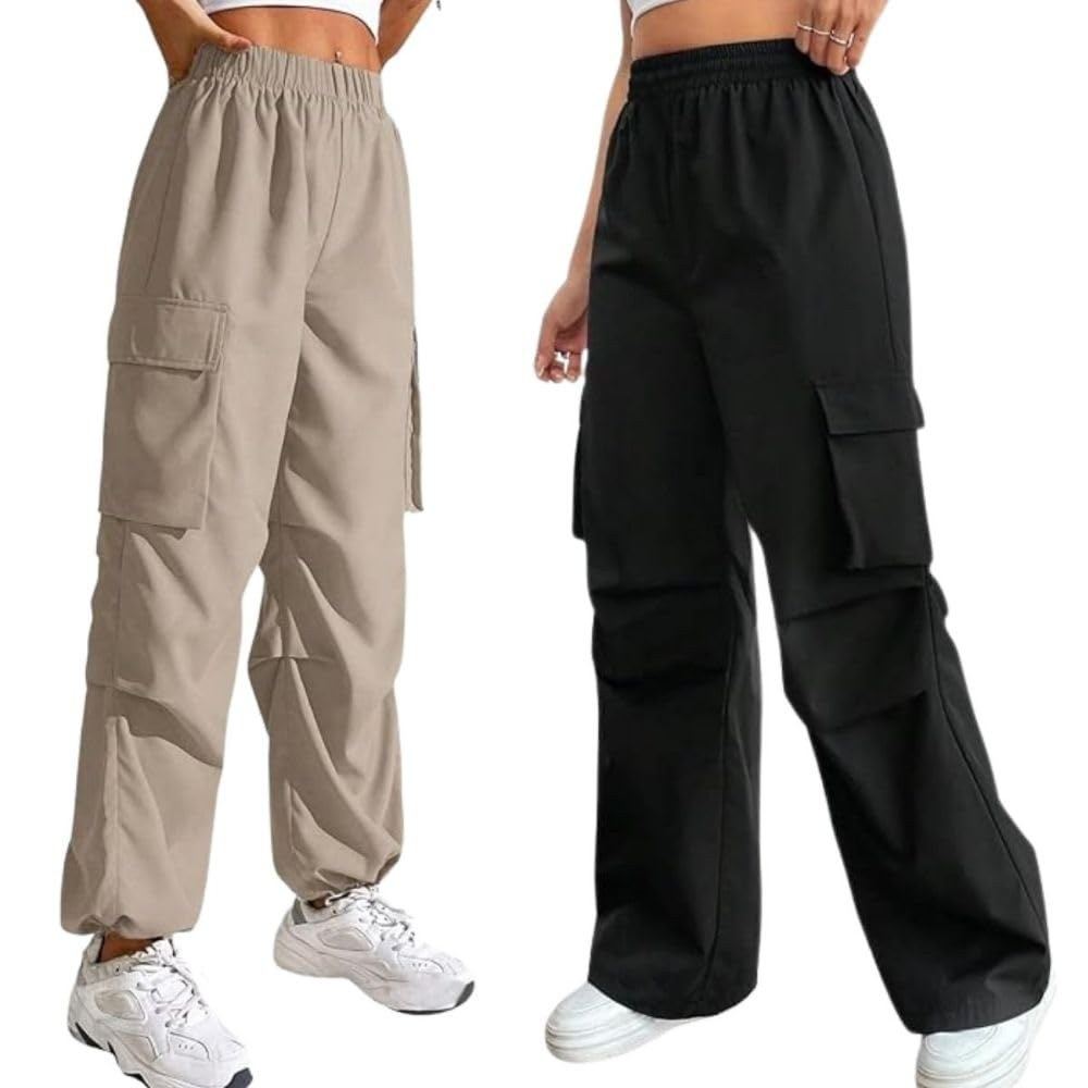 GRECIILOOKS High Waist Cotton Trousers for Women - Flared Parachute Pants with Side Pockets | Casual Travel Cargo Pants