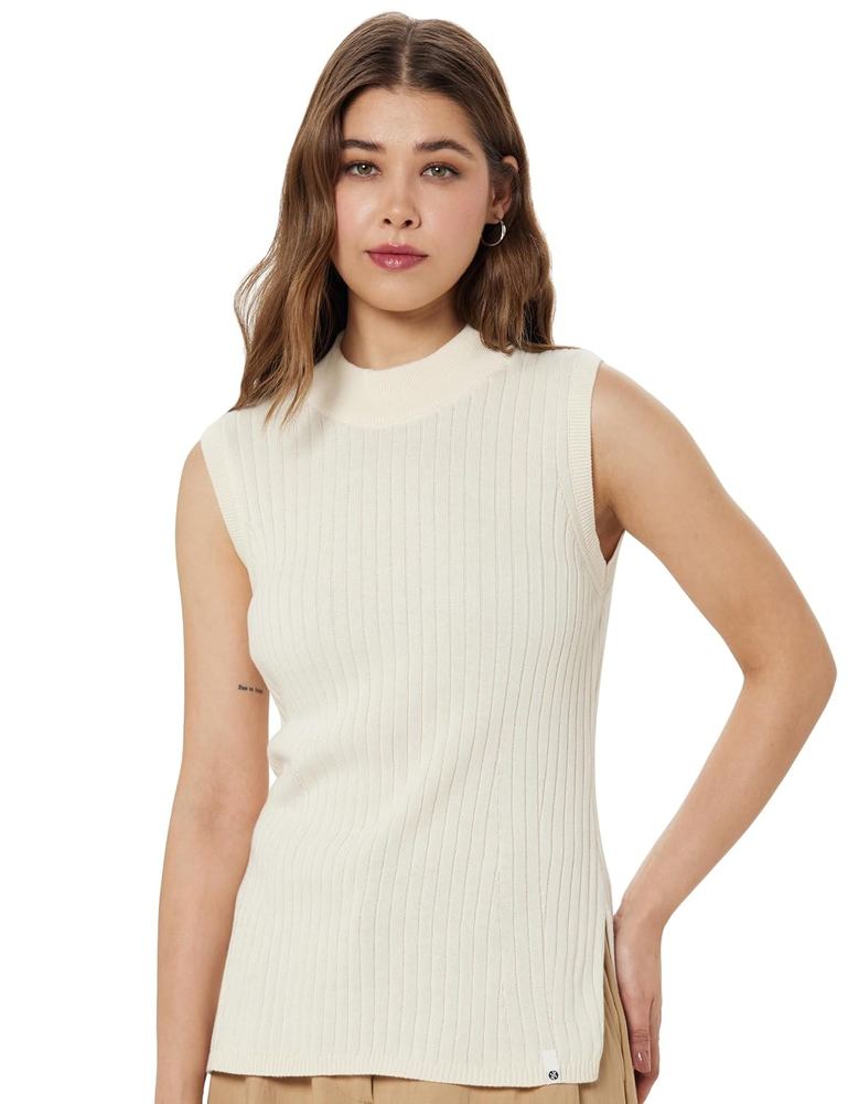 BlissClub Move All Day Sleeveless Top, 100% Cotton,Turtleneck Collar,High Side Slits,Versatile