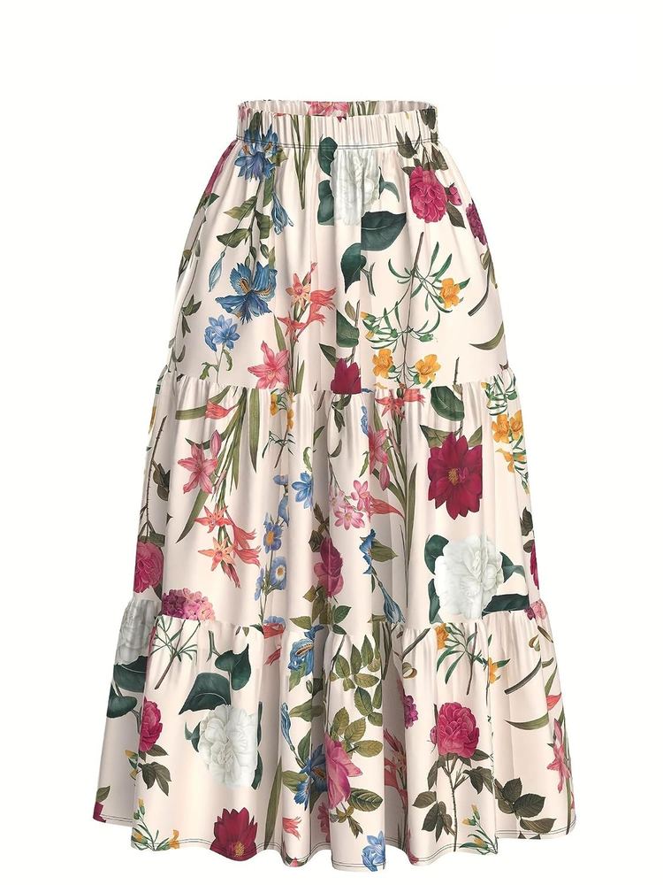 KATECLO Women's Long Flared Skirt - Floral Printed Western Summer Wear | Lightweight Soft Fabric | Casual & Festive Maxi Skirt