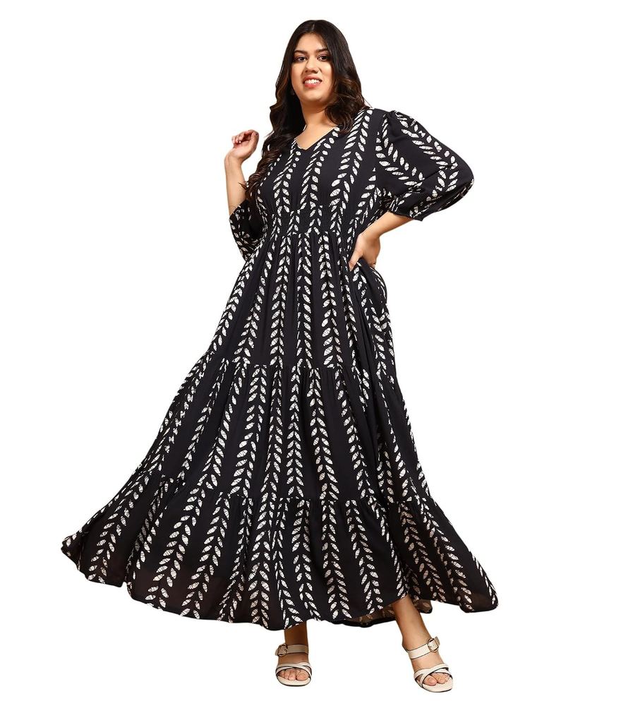 DEEBACO Women's Plus Size Solid Rayon Tiered Maxi Dress|3/4 Sleeve|V-Neck|Casual Trending Stylish Long One Piece Dresses Women Western