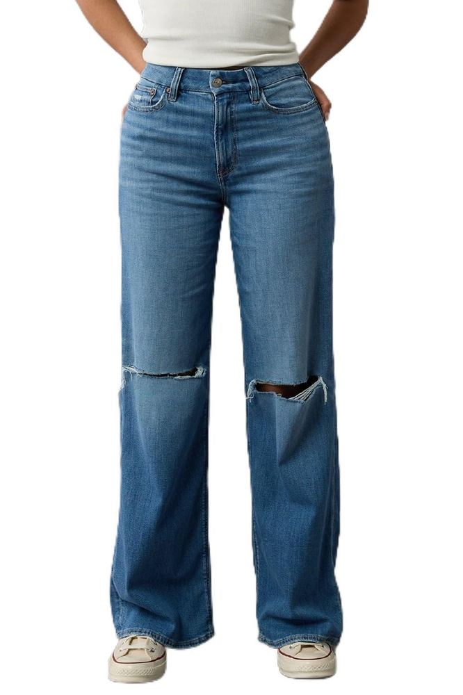 American Eagle Women Blue Ripped Baggy Wide-Leg Jeans